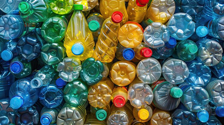 Mixed plastic packaging moving through a recycling sorting facility