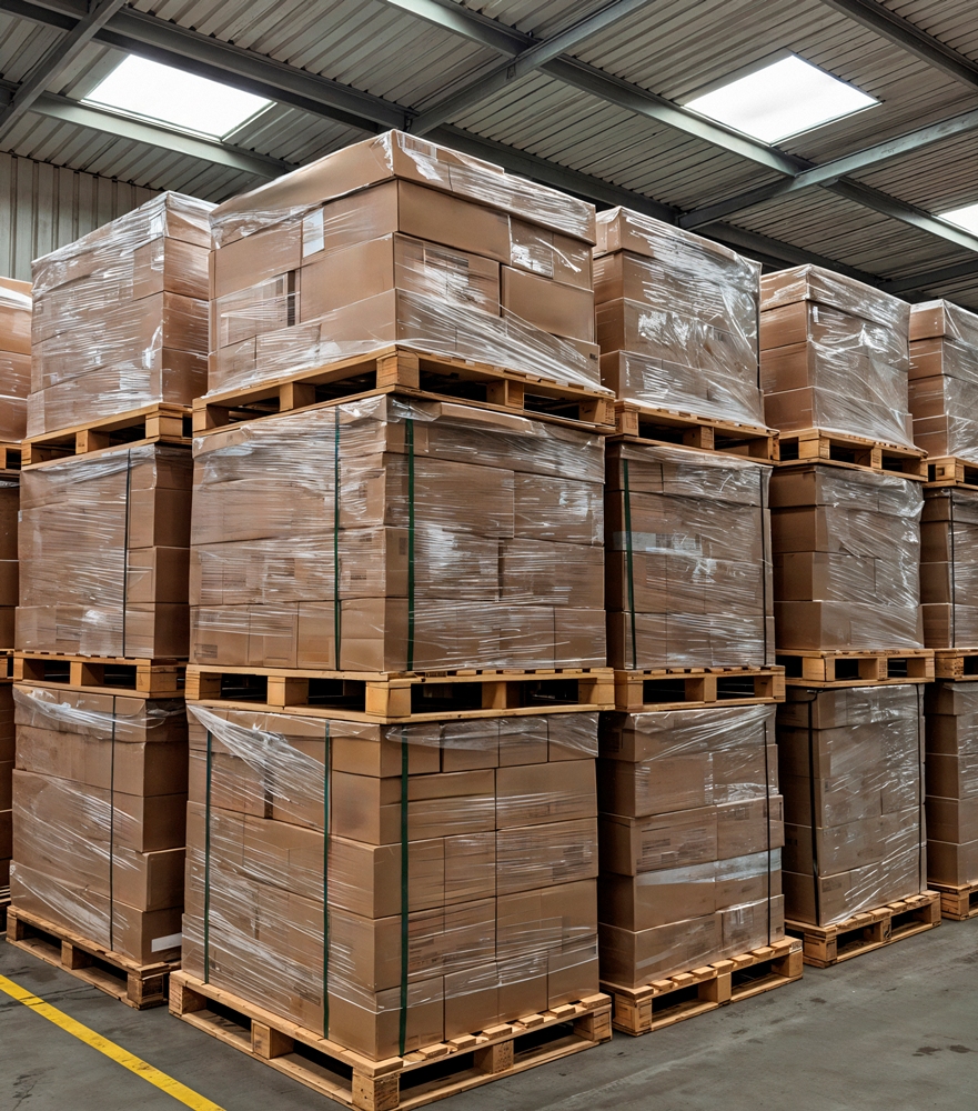 Bottles organized on flat corrugated slip sheets ready for automated push-style depalletizing