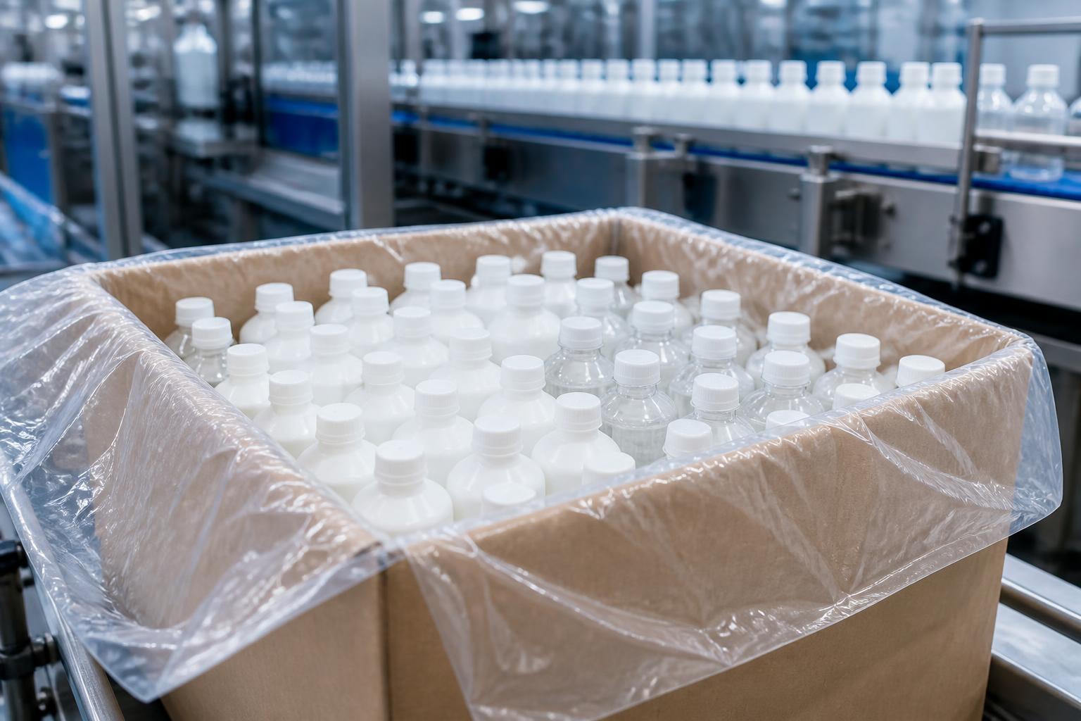 Poly-lined corrugated case bulk packed with small bottles